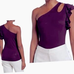 NEW H BY BORDEAUX ONE SHOULDER CUTOUT RUFFLE SLEEVE RAYON TOP IN ROSEWOOD